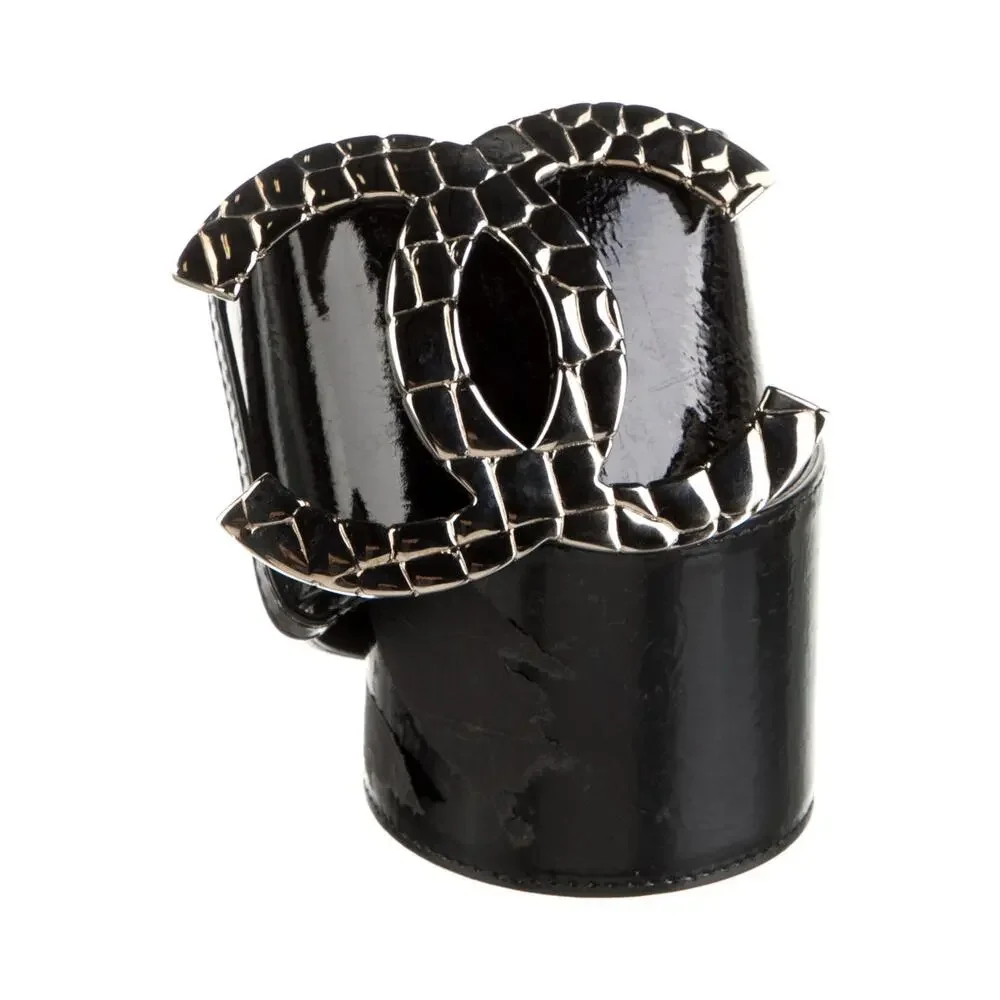 Chanel Black Patent Leather Silver-tone Interlocking CC Logo Wide Belt 70/28